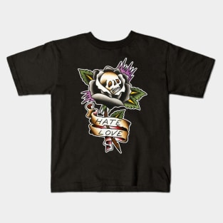 Hate Love Skull Rose Tattoo Design Kids T-Shirt